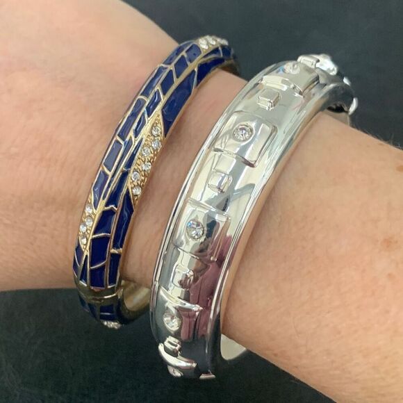 Sequin NYC Bangle Pair – Hinged Navy Enamel + Crystal – Gold & Silver Duo - Picture 1 of 6